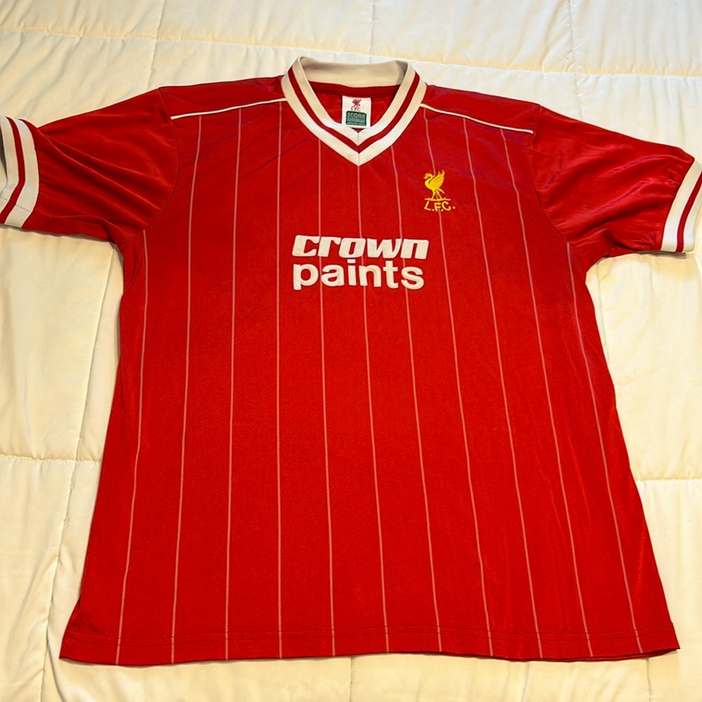 Liverpool Football Club LFC Retro Crown Paints Pinstriped Jersey Kit Top